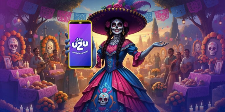 CATRINA MEXICANA VIENDO DE FRENTE EN UN BACKGROUND EN UN CEMENTERIO, PERO CON MUCHA FAMILIA VISITANDO A SUS FAMILIAS, Y ELLA TIENE SU TELÉFONO EN MANO INVITANDO AL UZUARIO