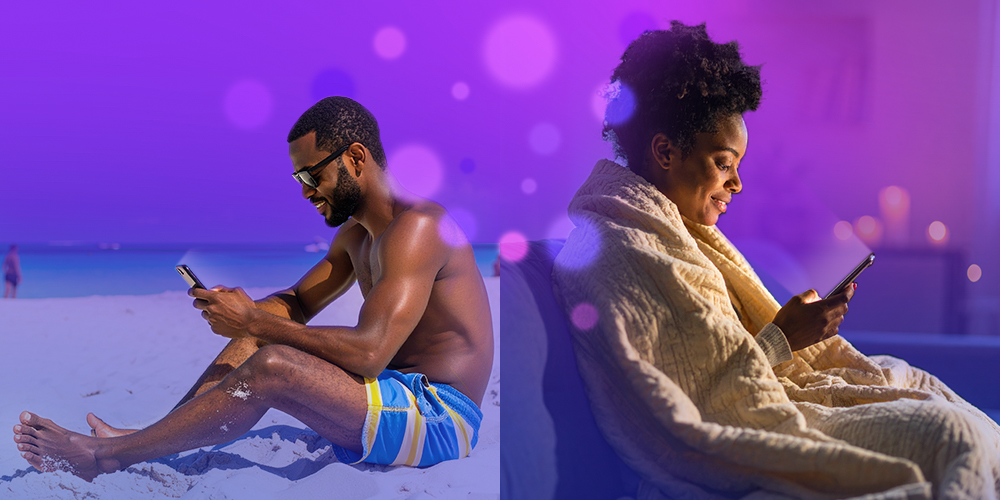 MUJER EMOCIONADA PERO EN UN PAISAJE Y LUGAR MUY FRÍO MIENTRAS ELLA ESTÁ TAPADA MIENTRAS JUEGA Y DE LA OTRA MITAD DE LA IMAGEN QUE ESTÉ CORTADA Y ESTÉ UN HOMBRE EN UNA PLAYA MURIÉNDOSE DE CALOR, PERO TAMBIÉN EMOCIONANDO Y JUGANDO EN PLAYUZU