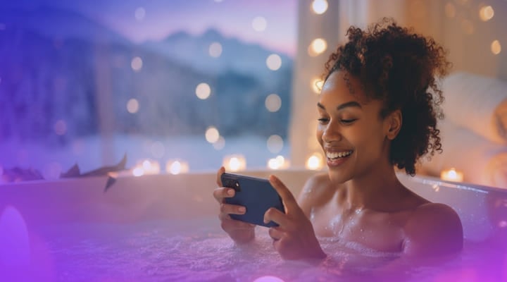 MUJER DE ALREDEDOR DE 35 AÑOS, LA CUAL SE ENCUENTRE COMO SI ESTUVIERA EN UN BACKGROUND FRIO O DE INVIERNO COMO SI ESTUVIERA EN ALASKA, MIENTRAS TIENE SU TELEFONO Y ESTUVIERA JUGANDO EN PLAYUZU BUSCANDO UN SAUNA O UN LUGAR CALIENTE COMO UNA CHOZA CALIENTE