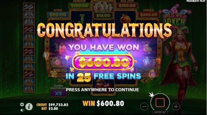 Resultado final de supergiros gratis en Wild Wild Joker