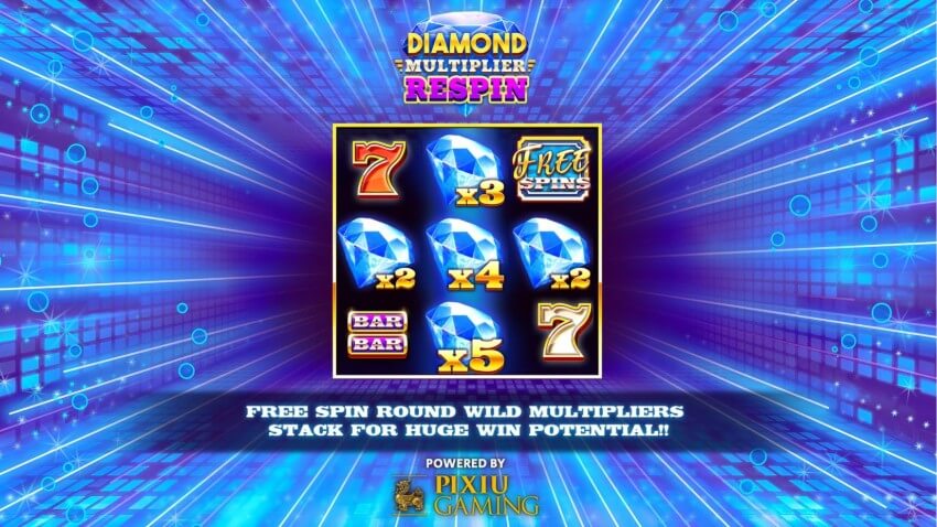 Slot Diamond Multiplier Respin con símbolos de diamantes, multiplicadores y mensaje sobre giros gratis para ejemplificar la experiencia de jugar Slots en línea con más emoción