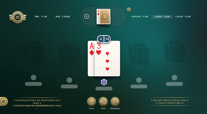 Mesa de jogo do 21 Blackjack com um Ás e um 3 na mão do jogador e os botões Parar, Pedir e Abandonar