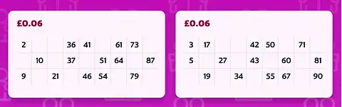 Imagem mostrando cartelas de bingo de 90 bolas, com três linhas e nove colunas.   