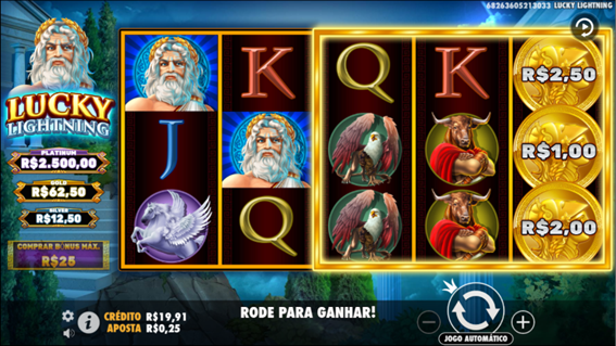 Tela do jogo base do slot Lucky Lightning mostrando grade com cinco rolos e s&iacute;mbolos como Zeus, &aacute;guia, touro e moedas douradas com valores em reais. &Agrave; esquerda aparecem os jackpots Platinum, Gold e Silver e o bot&atilde;o para comprar b&ocirc;nus. 