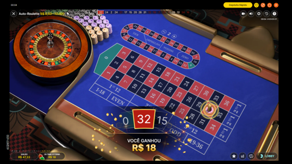 Jogo ao vivo Auto Roulette com roleta real e n&uacute;mero 32 marcado no tapete de apostas 