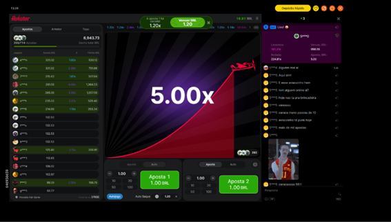 Interface de Aviator exibindo apostas dos jogadores &agrave; esquerda com multiplicadores e pr&ecirc;mios em tempo real e chat ao vivo &agrave; direita com mensagens dos participantes. 