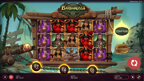 Tela do jogo base de Barbarossa DoubleMax slot mostrando a grade 5x3 com diversos s&iacute;mbolos tem&aacute;ticos de piratas, multiplicadores ativos na parte inferior e o canh&atilde;o &agrave; esquerda. 