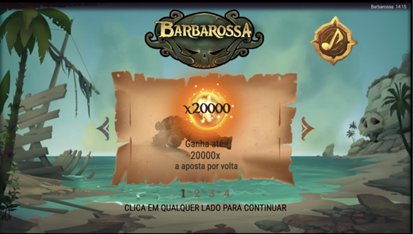 Tela de abertura do slot Barbarossa DoubleMax mostrando um pirata bebendo cerveja e a legenda &ldquo;Ou embarcas ou &eacute;s isca de tubar&atilde;o!&rdquo;