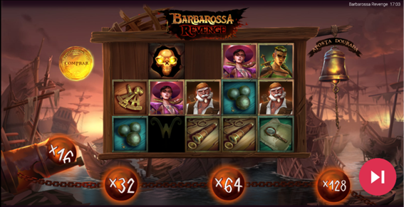 Tela do jogo base de Barbarossa Revenge mostrando a mec&acirc;nica DoubleMax em a&ccedil;&atilde;o, com o multiplicador em 16x sendo aplicado ao pr&ecirc;mio da rodada.