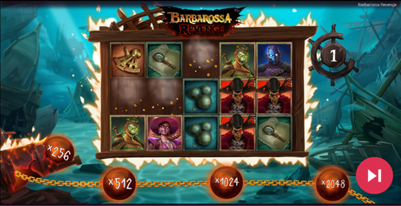 Tela de rodadas gr&aacute;tis no Barbarossa Revenge, com personagens em vers&atilde;o esquel&eacute;tica nos cilindros e multiplicadores elevados em destaque. 
