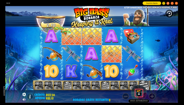 Jogo b&ocirc;nus do Big Bass Keeping It Reel com rede de pesca.