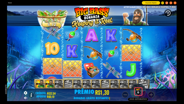 Jogo b&ocirc;nus do Big Bass Keeping It Reel com contador dos Wilds coletados para a reativa&ccedil;&atilde;o das rodadas gr&aacute;tis.