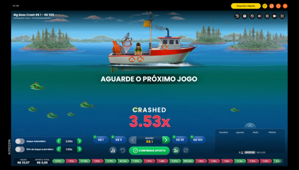 Big Bass Crash com multiplicador encerrando em 3.53x