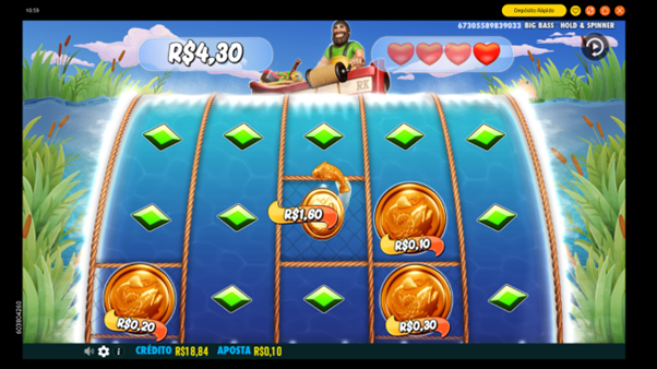 Tela do jogo b&ocirc;nus Hold &amp; Spinner no Big Bass Hold Spinner slot.