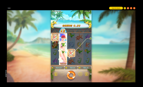 Wild empilhado ativando multiplicador no slot Bikini Paradise
