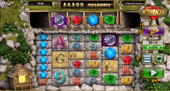 Tela do jogo base do slot Bonanza Megaways, exibindo grade com s&iacute;mbolos de pedras preciosas, scatters e letras. Na parte superior da grade, a quanitdade de Megaways da rodada. 
