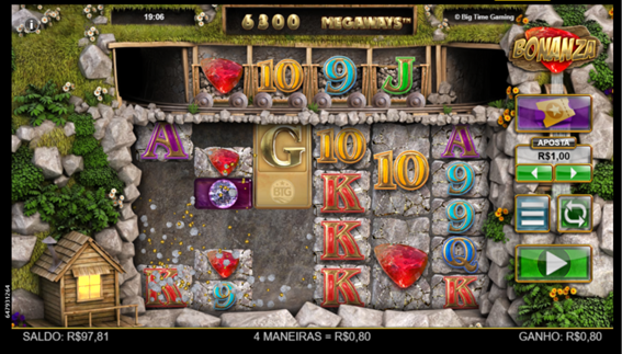 Tela do jogo base do slot Bonanza, mostrando, acima da grade, a quantidade poss&iacute;vel de combina&ccedil;&otilde;es na rodada e, na parte inferior da tela, mensagem com a quantidade de maneiras vitoriosas.