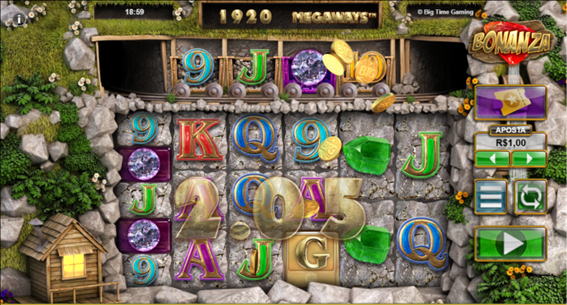 Tela do slot Bonanza Megaways exibindo grade com s&iacute;mbolos em combina&ccedil;&atilde;o vencedora e mensagem de ganho no centro da tela. 