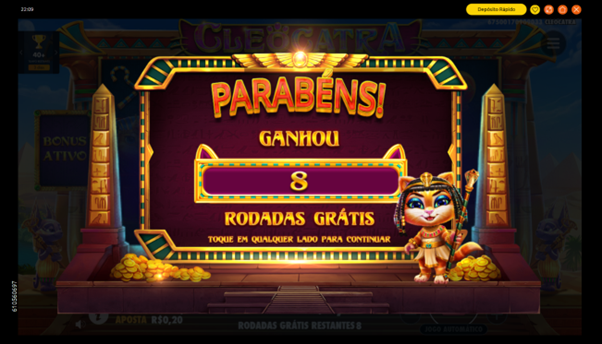 B&ocirc;nus de rodadas gr&aacute;tis ativado no Cleocatra slot com 8 giros. 