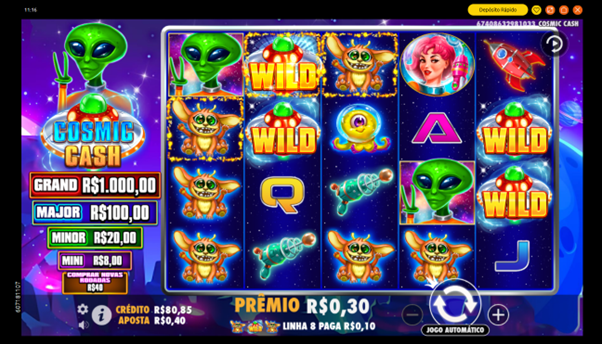 Wilds e vit&oacute;ria no jogo base do slot Cosmic Cash