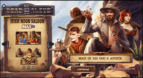Tela de apresenta&ccedil;&atilde;o do jogo Dead or Alive 2, exibindo o modo High Noon Saloon e seus multiplicadores, um dos modos de rodadas gr&aacute;tis. Essa tela aparece na abertura do jogo. 