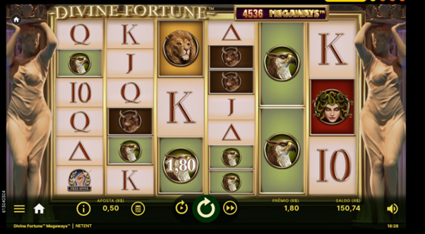 Tela do jogo base Divine Fortune Megaways com s&iacute;mbolos cl&aacute;ssicos e grade din&acirc;mica com quantidades de s&iacute;mbolos diferentes por cilindro.
