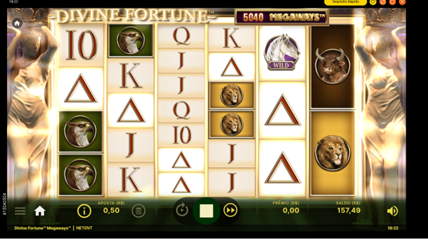 Grade do Divine Fortune Megaways exibindo a grande quantidade de s&iacute;mbolos, gerando mais formas de ganhar. 