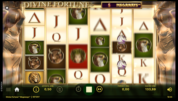 Tela do Divine Fortune Megaways exibindo dois s&iacute;mbolos Wild destacados no modo Falling Wilds Re-Spins, fora dos giros dos cilindros, descendo uma posi&ccedil;&atilde;o a cada rodada durante o respin. 