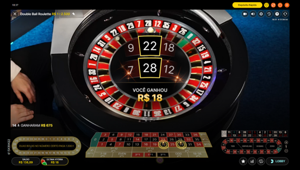 Tela de resultado da Double Ball Roulette, exibindo os n&uacute;meros 22 e 28 sorteados, com anima&ccedil;&otilde;es de destaque e mensagem de ganho. 