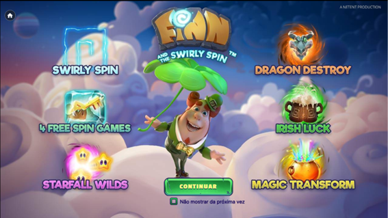 Tela inicial do slot Finn and the Swirly Spin exibindo os diferenciais do jogo, como os quatro recursos extras, o &iacute;cone da espiral Swirly Spin, a chave m&aacute;gica representando os tipos de rodadas gr&aacute;tis e o duende verde sorrindo com um trevo de quatro folhas.
