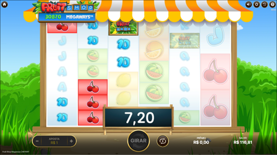 Tela do slot Fruit Shop Megaways mostrando combina&ccedil;&otilde;es vitoriosas de cerejas e n&uacute;meros. No topo &agrave; esquerda, a indica&ccedil;&atilde;o de 30.870 Megaways na rodada atual e na base da grade, o valor do pr&ecirc;mio de 7,20.