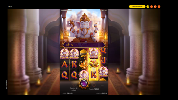 Jogo base de Ganesha Gold com cinco scatters na grade