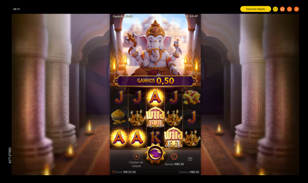 Imagem do jogo base do slot Ganesha Gold mostrando uma combina&ccedil;&atilde;o vencedora formada com s&iacute;mbolos iguais e wilds em colunas consecutivas, representando o sistema de 243 maneiras de ganhar sem uso de linhas fixas.