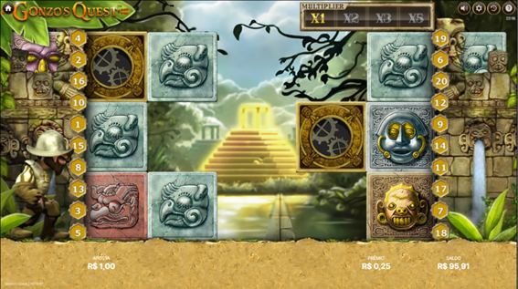 Cena do slot Gonzo&rsquo;s Quest com a grade de s&iacute;mbolos em pedra se abrindo para revelar uma pir&acirc;mide dourada ao fundo, representando El Dorado. Gonzo observa o cen&aacute;rio com floresta e ru&iacute;nas em volta. 