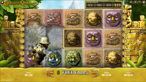 Imagem do slot Gonzo&rsquo;s Quest durante o modo de rodadas gr&aacute;tis, com 8 Free Falls restantes e multiplicador x15 ativo. Gonzo aparece animado ao lado da grade 5x3, que exibe s&iacute;mbolos esculpidos em pedra em estilo inca. 