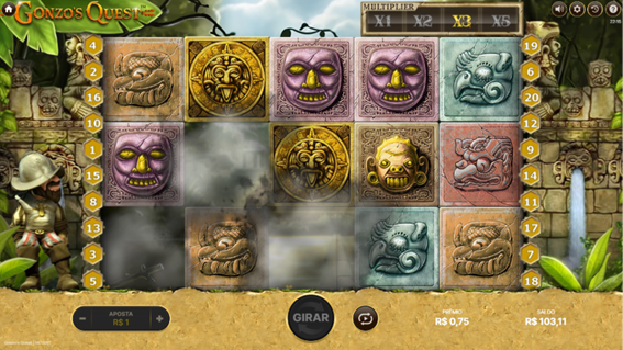 Imagem do slot Gonzo&rsquo;s Quest com a mec&acirc;nica Avalanche ativa. S&iacute;mbolos inspirados na arte inca somem para dar lugar a novos, e o multiplicador da rodada est&aacute; em x3. O personagem Gonzo observa a a&ccedil;&atilde;o, com cen&aacute;rio de ru&iacute;nas e floresta ao fundo. 
