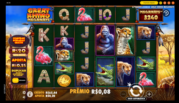 Tela do slot Great Rhino Megaways no jogo base, mostrando a grade com s&iacute;mbolos de animais e letras. Na lateral esquerda, as op&ccedil;&otilde;es de compra de b&ocirc;nus e aposta Ante. 