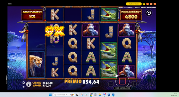 Imagem do modo de rodadas gr&aacute;tis do Great Rhino Megaways mostrando multiplicador ativo 8x no canto superior esquerdo e multiplicador 9x em destaque na grade. S&iacute;mbolos de animais e cartas est&atilde;o distribu&iacute;dos na grade sobre um fundo de savana ao entardecer.