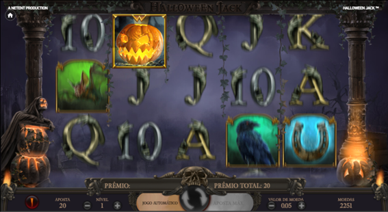Tela do jogo base de Halloween Jack slot mostrando os cinco rolos com s&iacute;mbolos tem&aacute;ticos de Halloween. 
