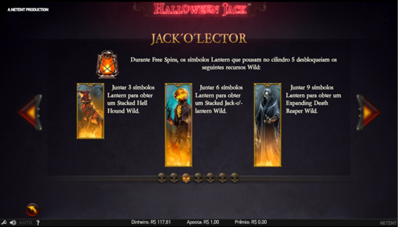 Representa&ccedil;&atilde;o do s&iacute;mbolo Walking Wild, uma ab&oacute;bora de Halloween flamejante com sorriso maquiav&eacute;lico no slot Halloween Jack 