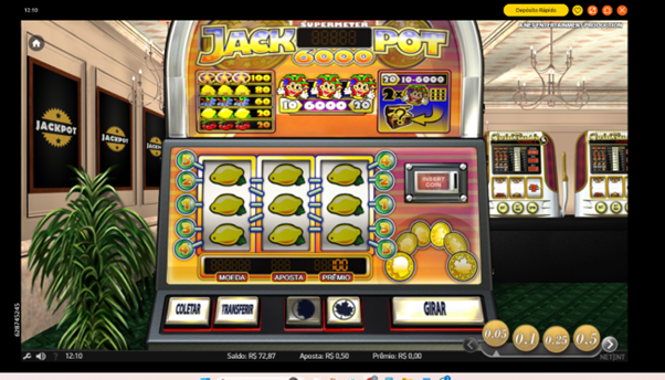 Tela do slot Jackpot 6000 mostrando uma premia&ccedil;&atilde;o na interface e os bot&otilde;es Coletar, Transferir, Cara e Coroa acesos e ativos. Na grade, uma combina&ccedil;&atilde;o vencedora com lim&otilde;es. 