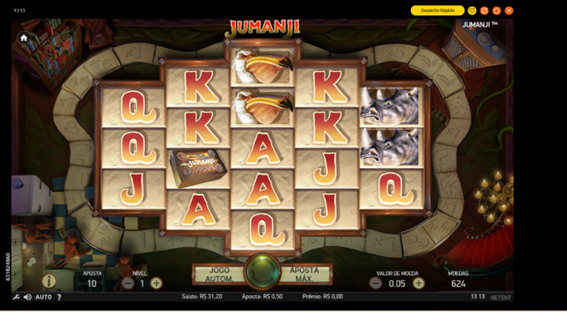 Tela do jogo base de Jumanji slot exibindo a grade em formato de losango, com s&iacute;mbolos de letrar e animais. Ao fundo, ambienta&ccedil;&atilde;o caracter&iacute;stica inspirada no filme. 