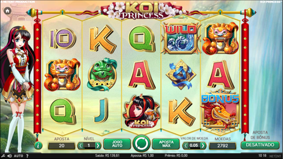 Tela do jogo base do slot Koi Princess com cinco rolos, exibindo s&iacute;mbolos como princesa, drag&atilde;o dourado, sapo verde e le&atilde;o chin&ecirc;s, al&eacute;m da personagem principal em destaque.