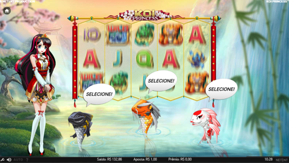 Tela do slot Koi Princess com tr&ecirc;s carpas coloridas, cada uma com um bal&atilde;o escrito &ldquo;Selecione&rdquo;, representando a funcionalidade de escolha entre os recursos extras do jogo base. 