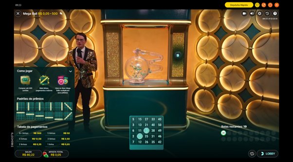 Interface inicial do jogo Mega Ball com dealer ao vivo 