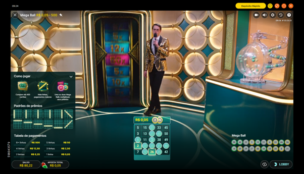 Painel de multiplicadores do Mega Ball ao vivo