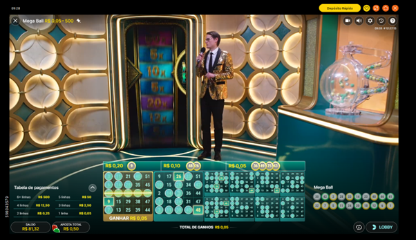 Interface do Mega Ball com cartelas digitais em tempo real 