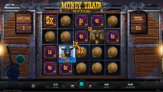 ela da rodada b&ocirc;nus Money Cart no jogo Money Train mostrando s&iacute;mbolos com multiplicadores, contador de giros restantes e total acumulado exibido na lateral 