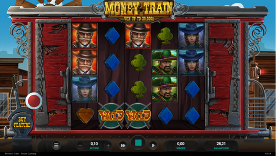 Tela do jogo base do Money Train exibindo a grade 5x4 com personagens de faroeste e s&iacute;mbolos empilhados, al&eacute;m de dois s&iacute;mbolos Wild na parte inferior. 