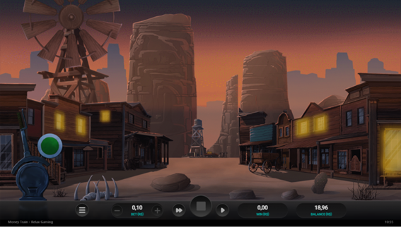 Cen&aacute;rio inicial do slot Money Train mostrando uma rua de faroeste com constru&ccedil;&otilde;es de madeira e montanhas ao fundo. Com c&eacute;u alaranjado de final de tarde. 